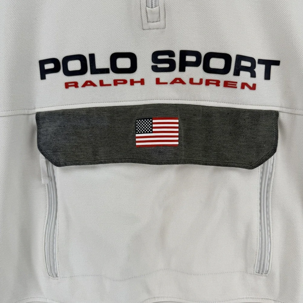 Polo Ralph Lauren Pullover Hoodie Mens Medium Gray Polo Sport 12M Yacht Flag USA
